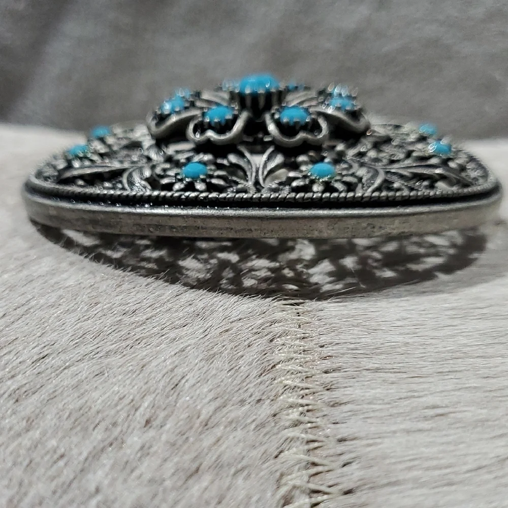 Western Silver and Turquoise Ornate Belt Buckle Rodeo Cowgirl Country Thunder